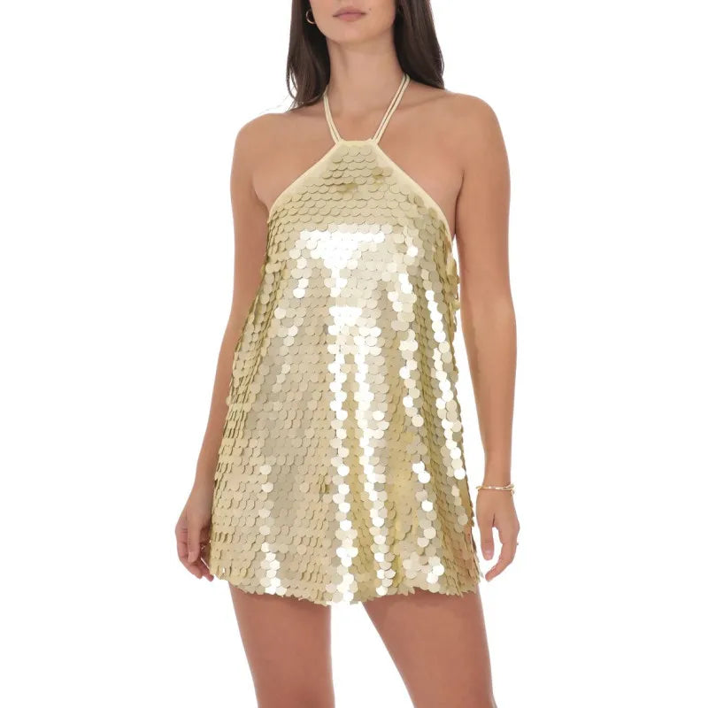VacationGrabs Women Halter Backless Sequin Mini Dress Glitter Paillette Tie Up Short Dress Club Party Sparkly Cocktail Evening Dresses