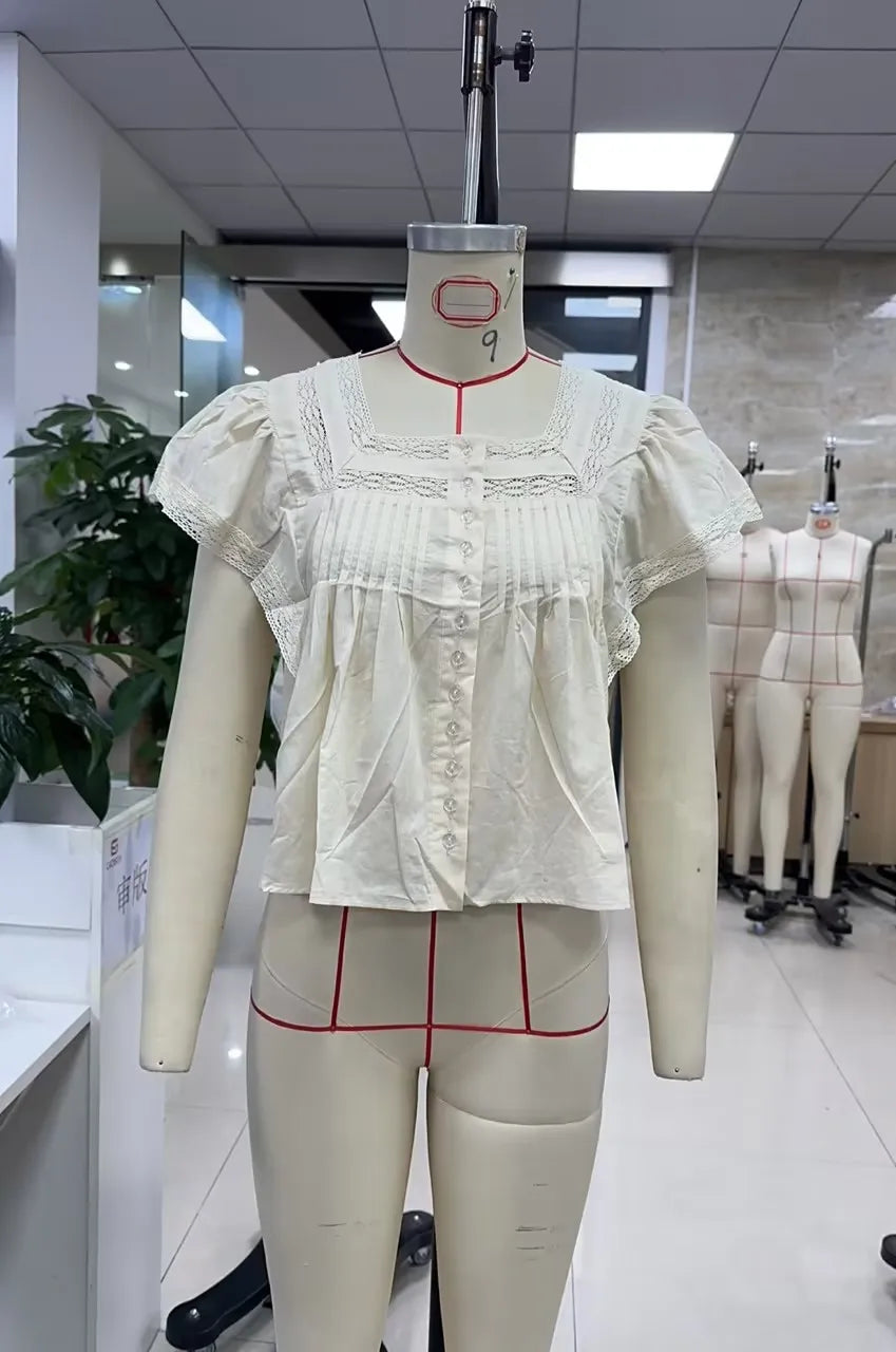 VacationGrabs Women Boho Square Neck Lace Blouse Puff Short Sleeve Button Front Pleated Loose Cropped Shirt Vintage Cottage Summer Top
