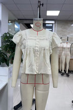 VacationGrabs Women Boho Square Neck Lace Blouse Puff Short Sleeve Button Front Pleated Loose Cropped Shirt Vintage Cottage Summer Top