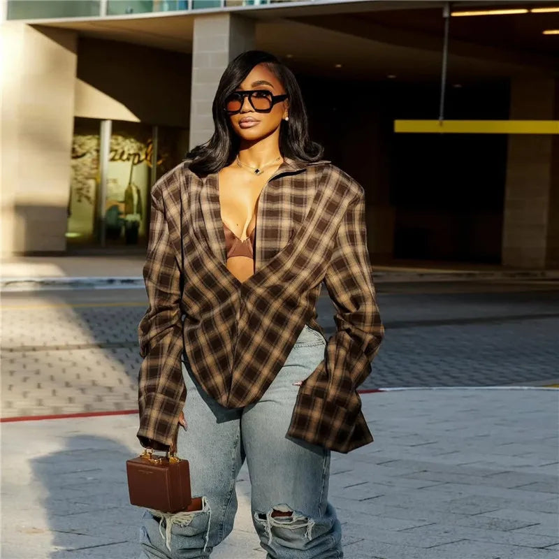 VacationGrabs Women Sexy Blouses Vintage Contrast Plaid V-Neck Slim Shirt Top Fashion Y2k Party Look New High Waisted Female Shirt Top