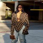 VacationGrabs Women Sexy Blouses Vintage Contrast Plaid V-Neck Slim Shirt Top Fashion Y2k Party Look New High Waisted Female Shirt Top