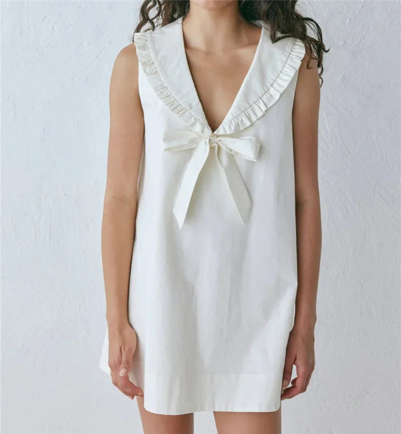 VacationGrabs Women Sleeveless A Line Mini Dress Ruffled Sailor Collar V Neck Bow Knot Loose Casual Summer Beach Vacation Short Dress