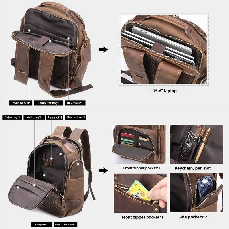 Sac à dos de voyage en cuir véritable pour homme avec compartiment ordinateur - Sac de créateur