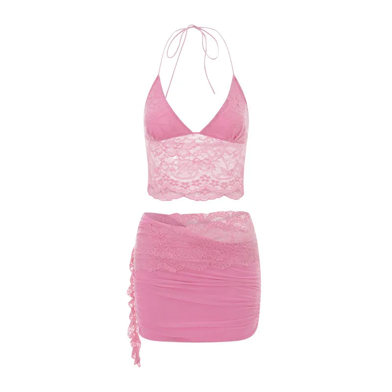 Chic Pink Lace Two Piece Set for Vacation Getaways