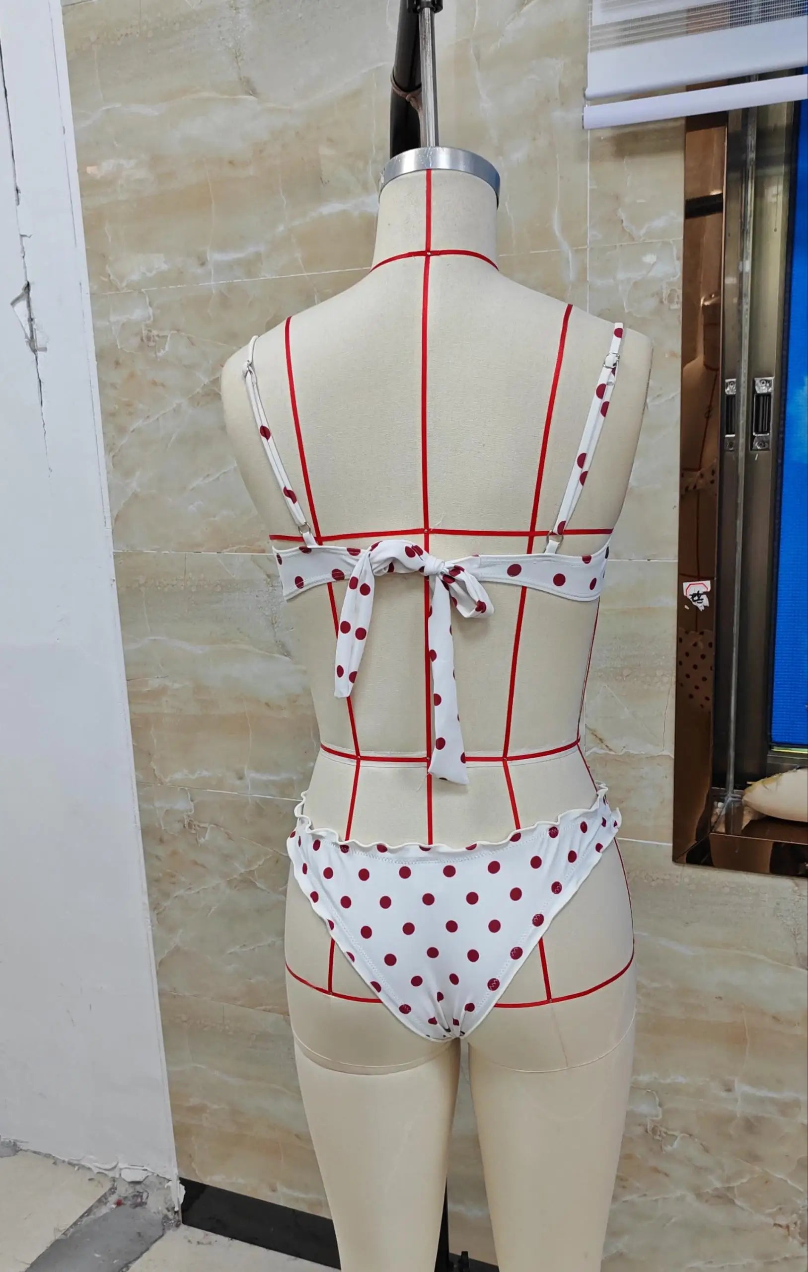 VacationGrabs Women Dots Print 2pcs Bikini Set Holiday Swimsuits Tie-Up Back Bikini Tops Low Rise Thongs Female Bathing Suit Beachwear