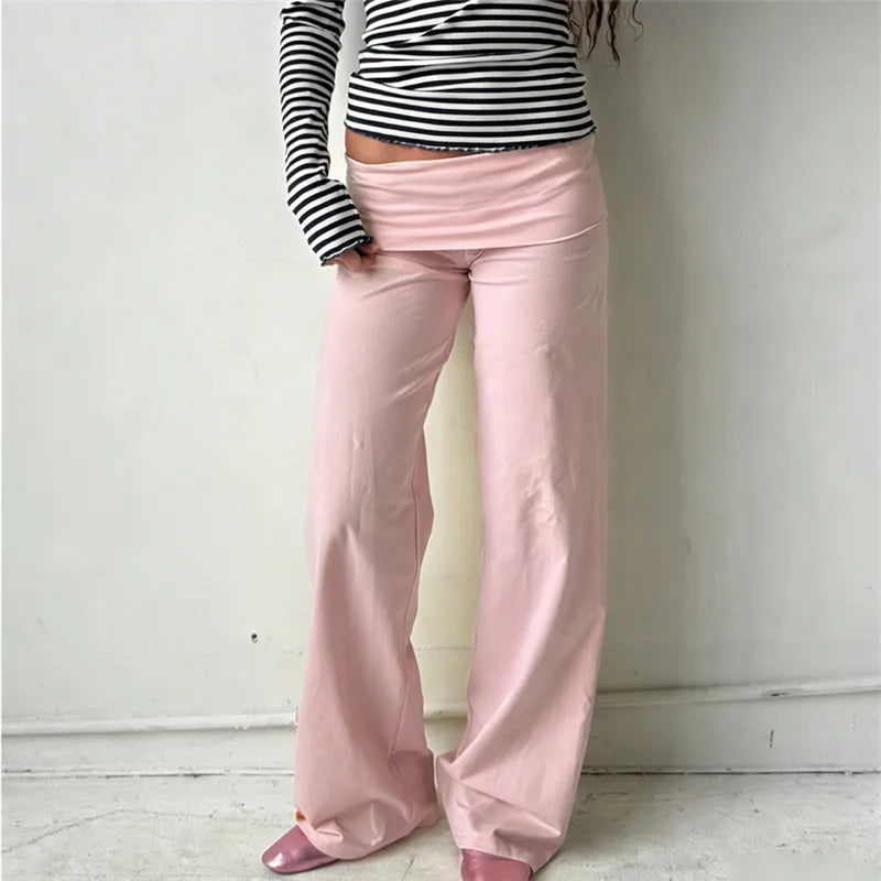 VacationGrabs Women Wide Leg Pants Solid Fold Over Waist Casual Trousers Spring Fall Straight Leg Sweatpants Bottoms Y2K Streetwear