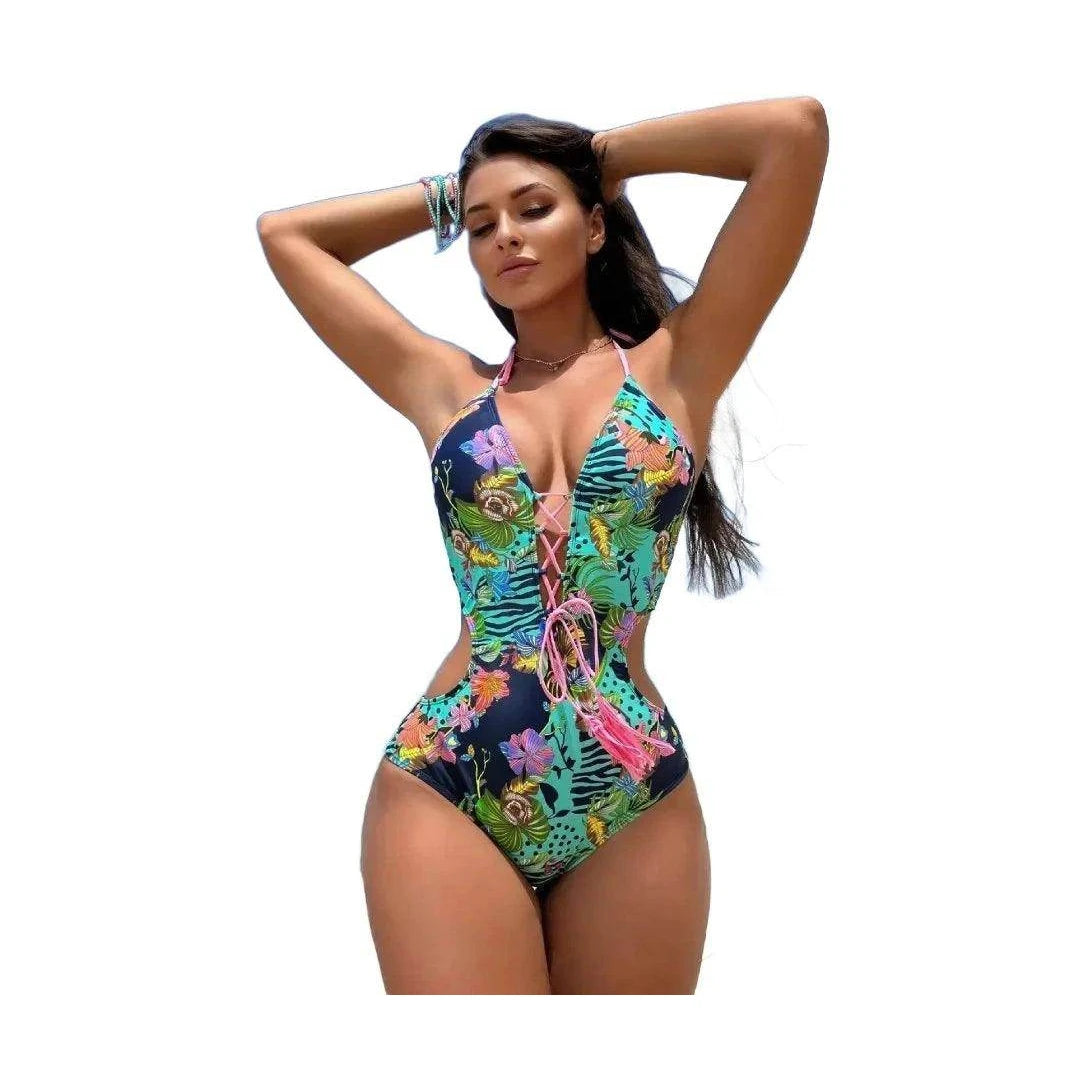Floral Print Lace Up Front One Piece Swimsuit - VacationGrabs