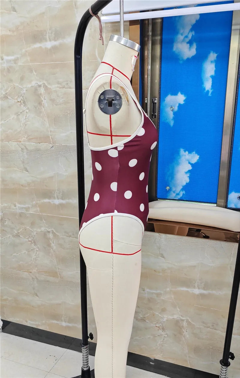VacationGrabs Women's Summer Swimsuit Y2K Dots Print Sleeveless Adjustable Spaghetti Strap Bodysuit Bathing Suit Beachwear