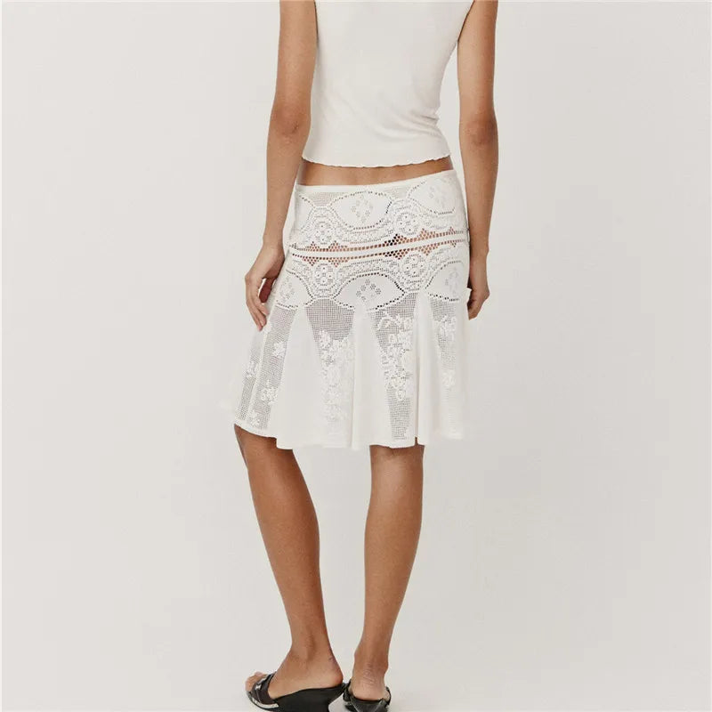 Crochet Lace Midi Skirt Women Low Rise Hollow Floral Mesh See Through Flounce Hem Knee Skirt Boho Vacation Beach Cover Up Skirt