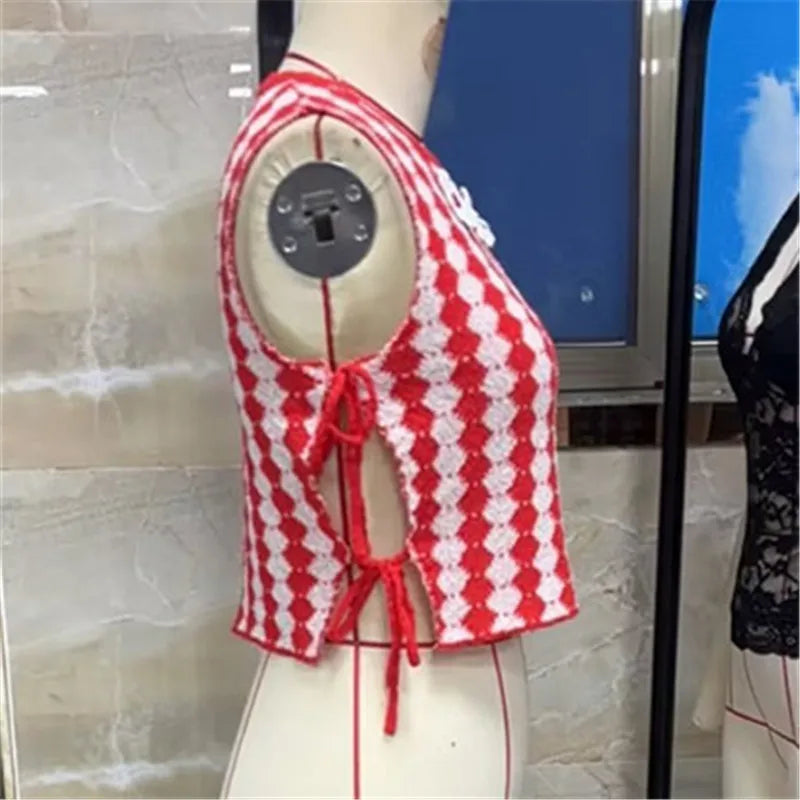 Women Y2K Striped Knit Crop Tank Top 3D Daisy Floral Sleeveless Halter Vest Side Tie Scalloped Hem Hollow Out Knitted Streetwear