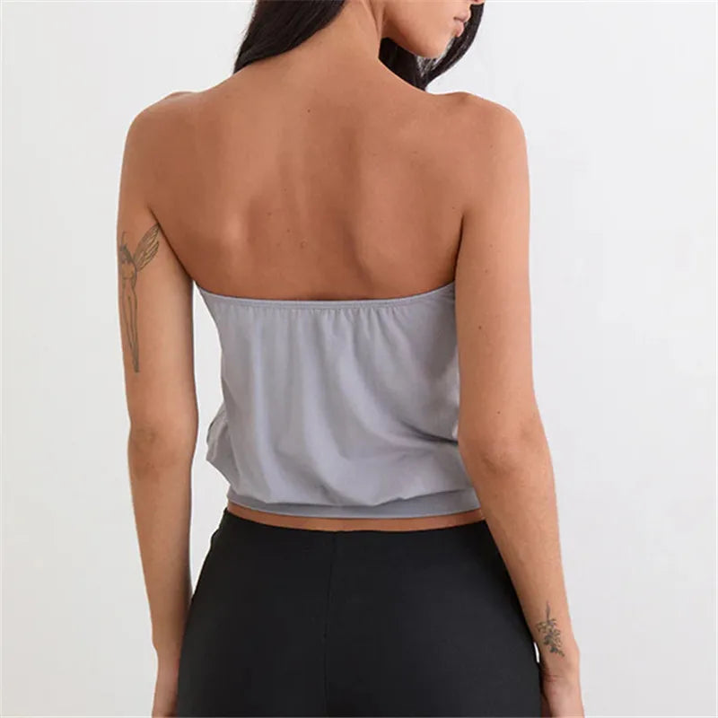 VacationGrabs Y2K Button Trim Strapless Tube Top Women Elastic Waist Hem Bandeau Sleeveless Off Shoulder Cropped Blouse Streetwear