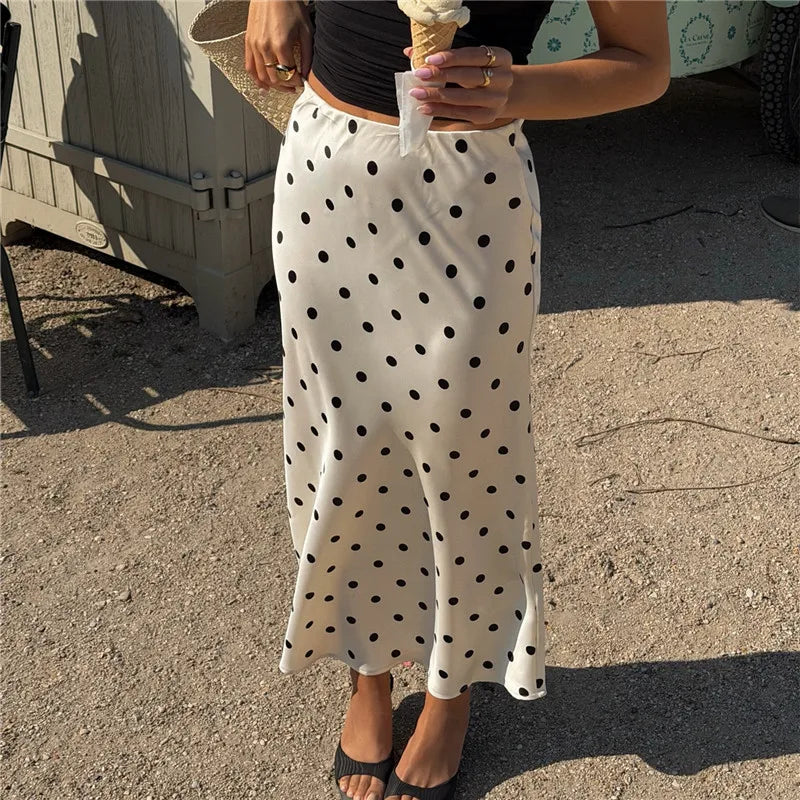 VacationGrabs French Vintage Polka Dot Satin Skirt High Waist Silky Midi Skirt Elegant Retro Print For Women Summer Y2K Streetwear