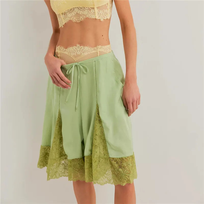 Women Lace Trim Shorts Y2k Satin Low Rise Half Slip Pajamas Cute Bow Coquette Pettipants Bloomers Patchwork Lounge Midi Pants