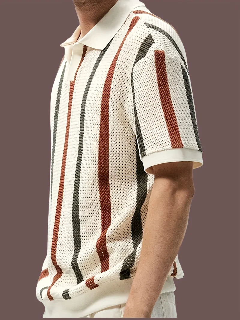 Men's Spring/Summer Lightweight Striped Knit Cardigan with V-neck Short Sleeve Polo Shirt. Business casual slim-fit style Breath