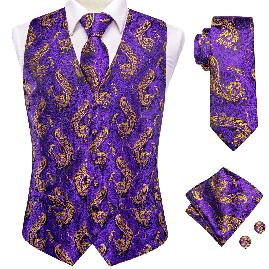 Purple paisley necktie set with matching vest for formal occasions