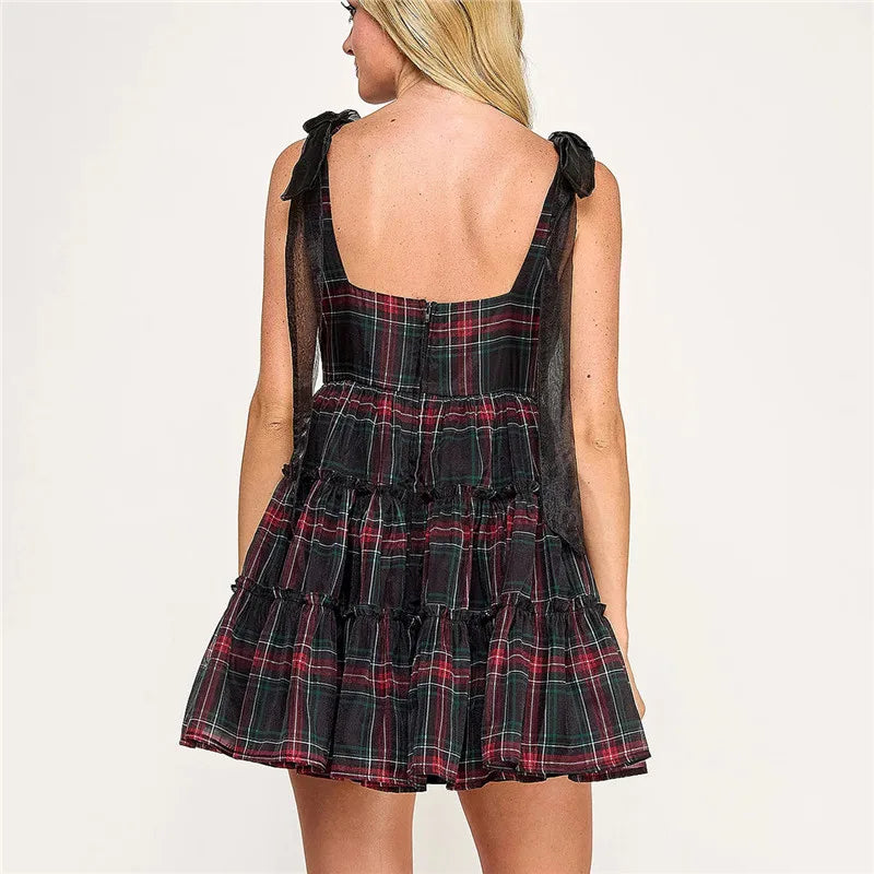 VacationGrabs Women Tartan Plaid Mini Dress Square Neck Mesh Bow Strap Sleeveless Tiered Ruffle A Line Swing Christmas Party Dress