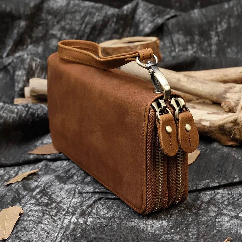 Retro Real Leather Wallet for Men Business Casual with Double Zipper - VacationGrabs