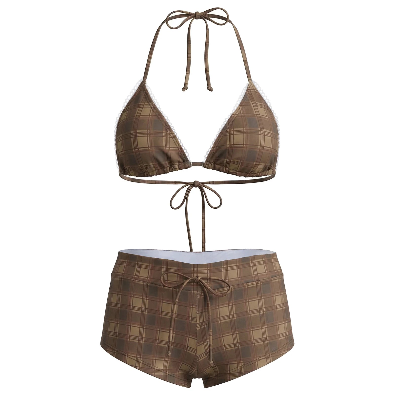 VacationGrabs Women's 2 Piece Bikini Set Fashion Plaid Print Sleeveless Halter Neck Triangle Tops and Low Waist Boyshorts Bathing Suit