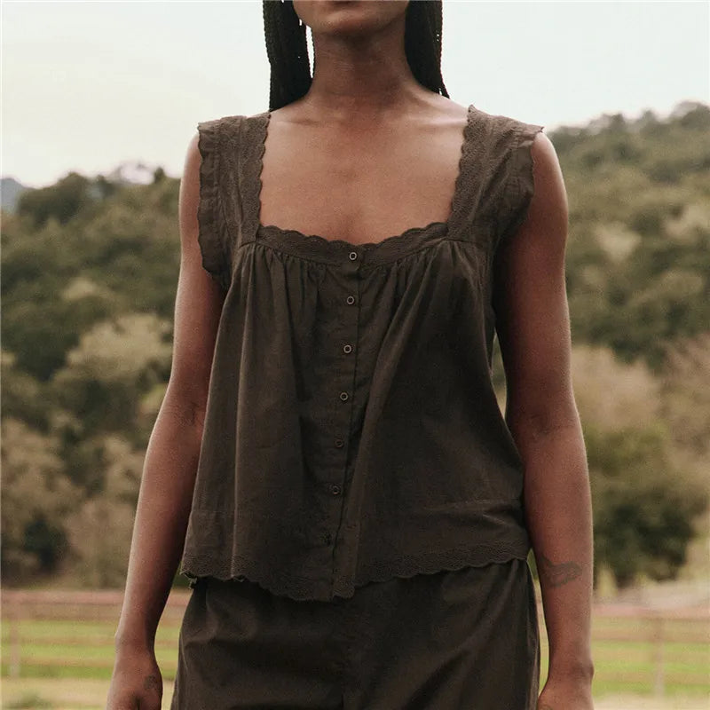 Women Summer Flowy Tank Top with Lace Trim Button Down Chiffon Cami Shirt Boho Tie Front Ruffle Tank Tops Boho Streetwear