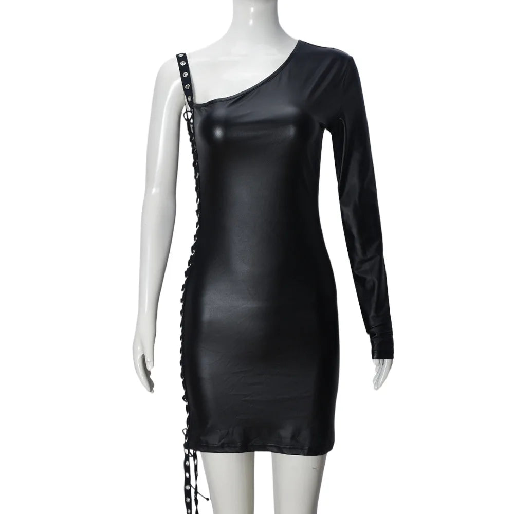 VacationGrabs Y2K Gothic One Shoulder Single Sleeve Faux Leather Dress Side Lace Up Cutout Ruched Bodycon Mini Dress Party Clubwear