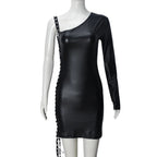 VacationGrabs Y2K Gothic One Shoulder Single Sleeve Faux Leather Dress Side Lace Up Cutout Ruched Bodycon Mini Dress Party Clubwear