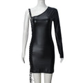 VacationGrabs Y2K Gothic One Shoulder Single Sleeve Faux Leather Dress Side Lace Up Cutout Ruched Bodycon Mini Dress Party Clubwear