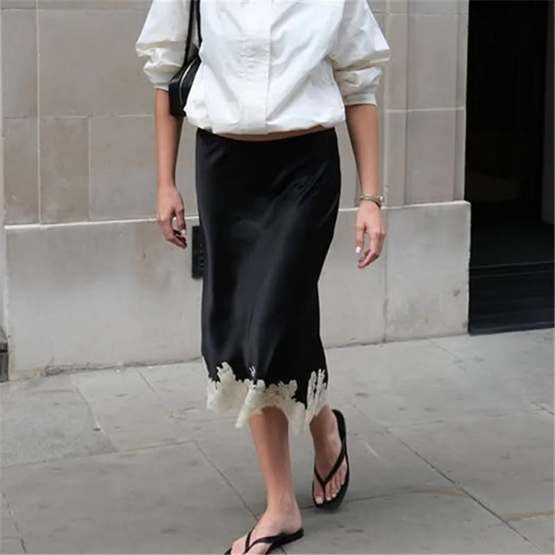 VacationGrabs Women Satin Floral Lace Trim Maxi Skirts Flowy Swing Silky A Line Skirt Y2k Going Out Half Slip Long Skirts