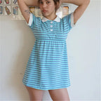 Women Y2K Preppy Striped Turn Down Collar Dress Short Sleeve Color Block A Line Mini Dress Vacation Summer Casual Streetwear