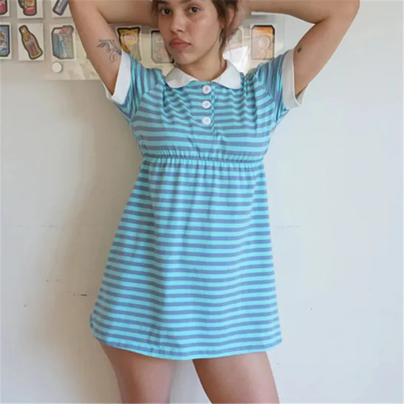 Women Y2K Preppy Striped Turn Down Collar Dress Short Sleeve Color Block A Line Mini Dress Vacation Summer Casual Streetwear