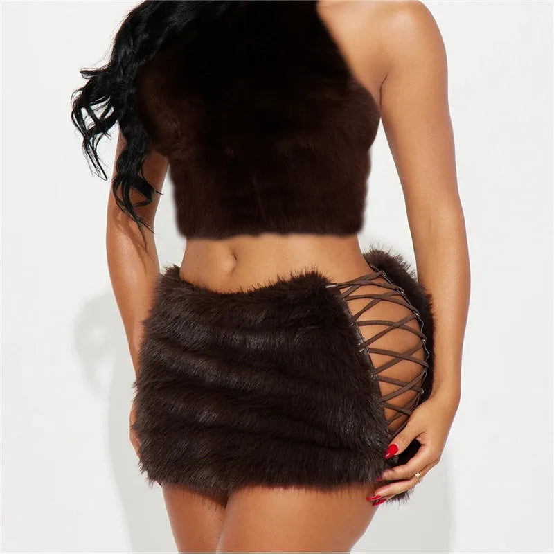 VacationGrabs Furry Mini Skirts Women Tie Side High Street Sexy Midnight Hottie Fashion Wild Party Simple Classic Autumn Winter Bottom