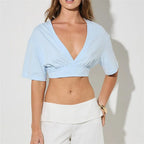 VacationGrabs Women Deep V Neck Short Sleeve Crop Top Loose Drop Shoulder Ruched Bust Wrap Front Cropped T Shirt Y2K Casual Streetwear