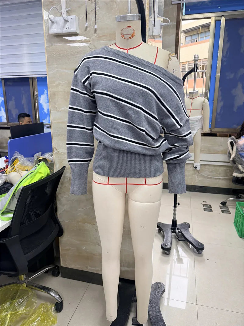 VacationGrabs Vintage Stripe Asymmetrical One Shoulder Knit Top Women Batwing Sleeve Ribbed Hem Cropped Sweater Winter Fall Streetwear