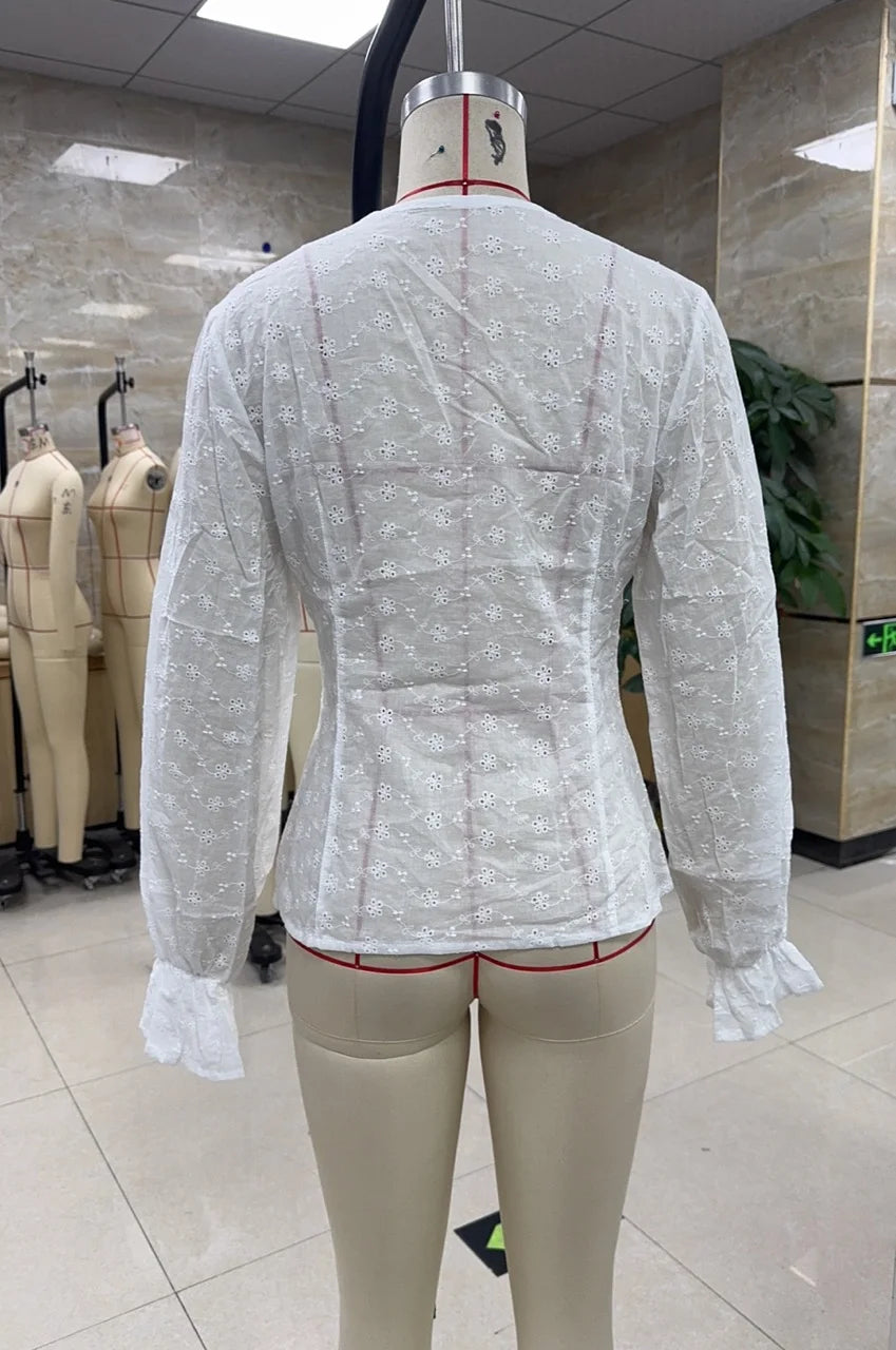 VacationGrabs Women's Fall Button Up Blouse Casual Loose Fit Stylish Embroidered Solid Color Eyelet V Neck Long Sleeve Tops