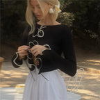 VacationGrabs Ruffled Knit Sweater Cardigan Female Lace-Up Patchwork Long Sleeve Cropped Top Coat Streetwear Autumn Women Knitwear Top