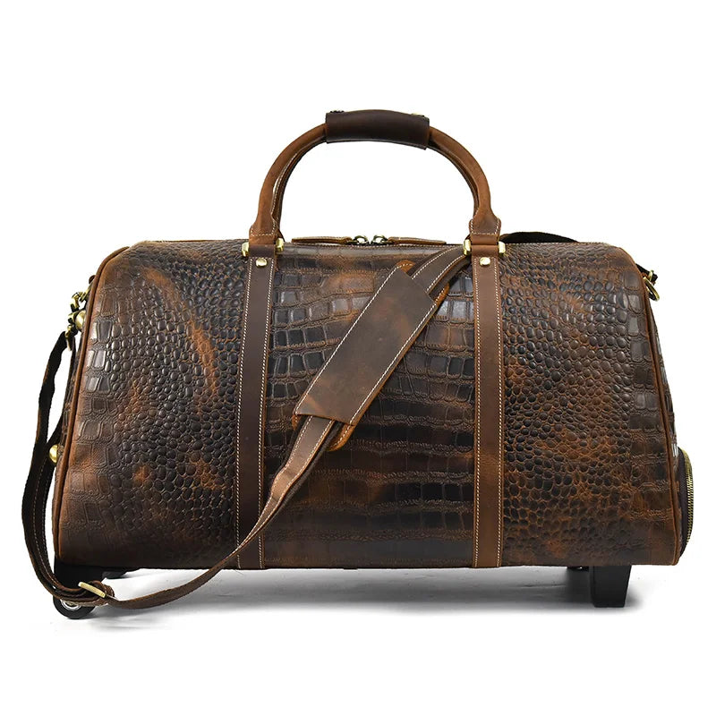 Rolling Genuine leather hand luggage travel bag with wheels