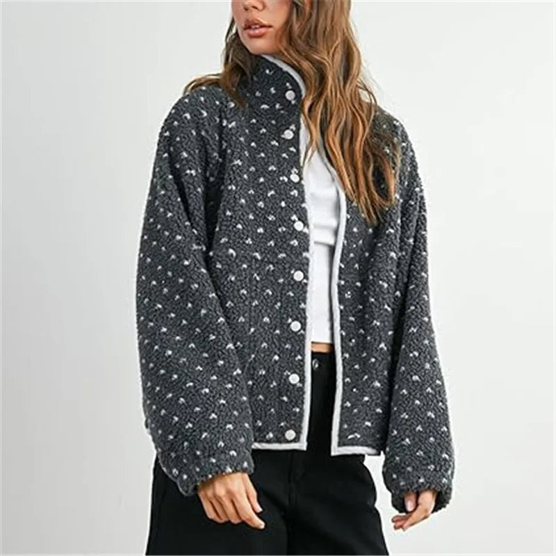Womens Fleece Fuzzy Jacket Heart Dots Print Long Sleeve Winter Warm Fluffy Coats Button Down Sherpa Cardigan Y2K Outerwear