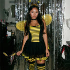 VacationGrabs Women Bumble Bee Halloween Costume Striped Tutu Dress With Bee Wings Antenna Headband Gloves Stockings Cosplay Outfit