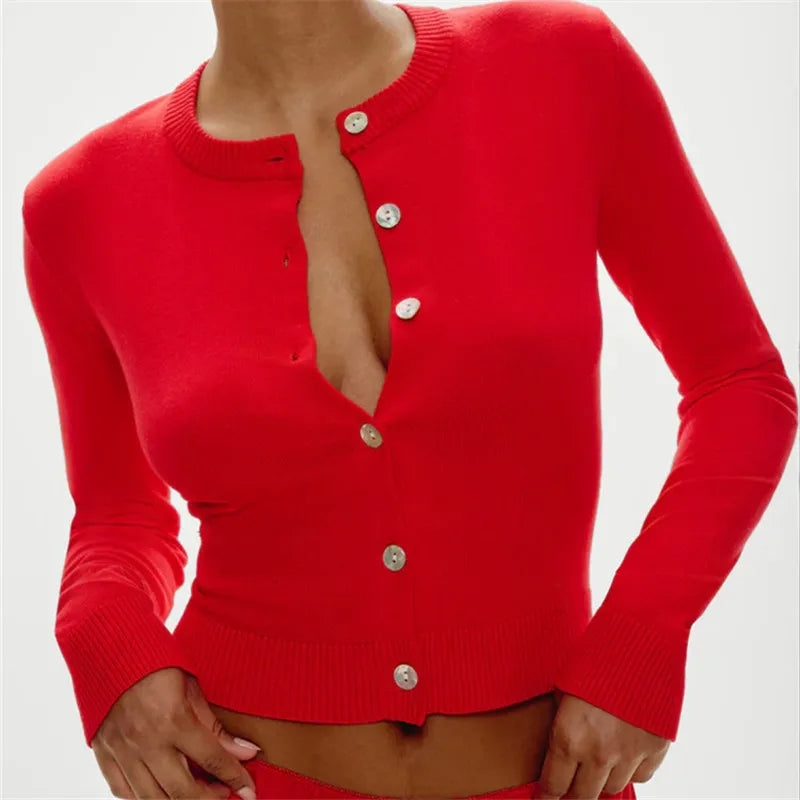 VacationGrabs Knitted Fashionable Casual Cardigan Top Solid Color Round Neck Long Sleeved Slim Fit Winter Fall Button Sweater Tops