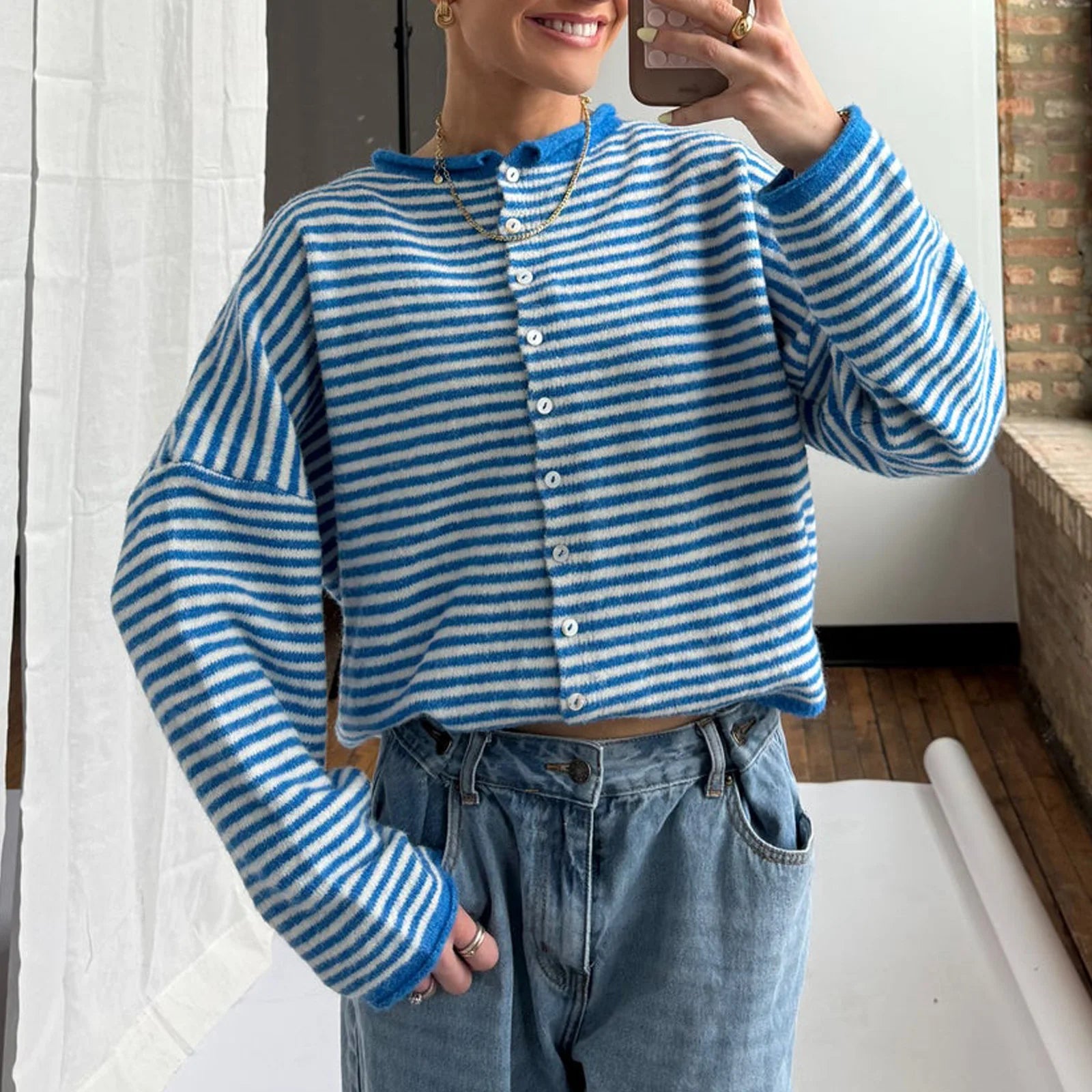 Y2K Crew Neck Open Front Button Down Long Sleeve Knit Sweaters Womens Striped Cardigan Sweater Casual Winter Fall Outerwear