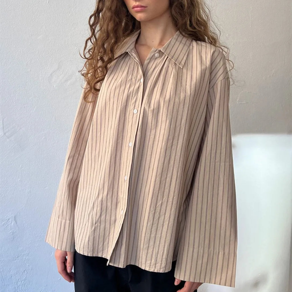 VacationGrabs Y2K Vintage Long Sleeve Blouse Stripes Collared Shirts Striped Button Down Shirt Women Oversized Trendy Fall Y2K Clothes