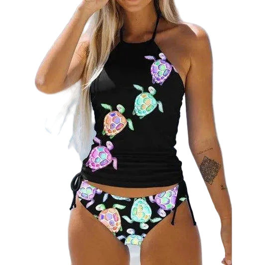 Women's Bathing Suit Drawstring Side Halter Neck Tankini - VacationGrabs