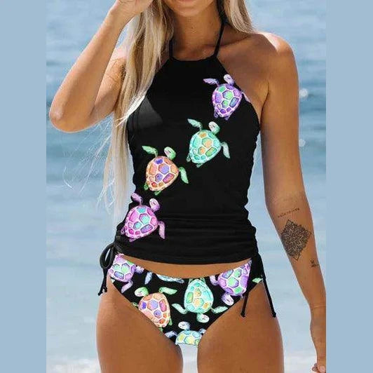 Women's Bathing Suit Drawstring Side Halter Neck Tankini - VacationGrabs