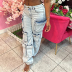 VacationGrabs Vintage Trendy Streetwear Women's Fashion Jeans Flip Up Multi Pocket Jeans Cargo Pants High Waist Washed Hiphop Jeans
