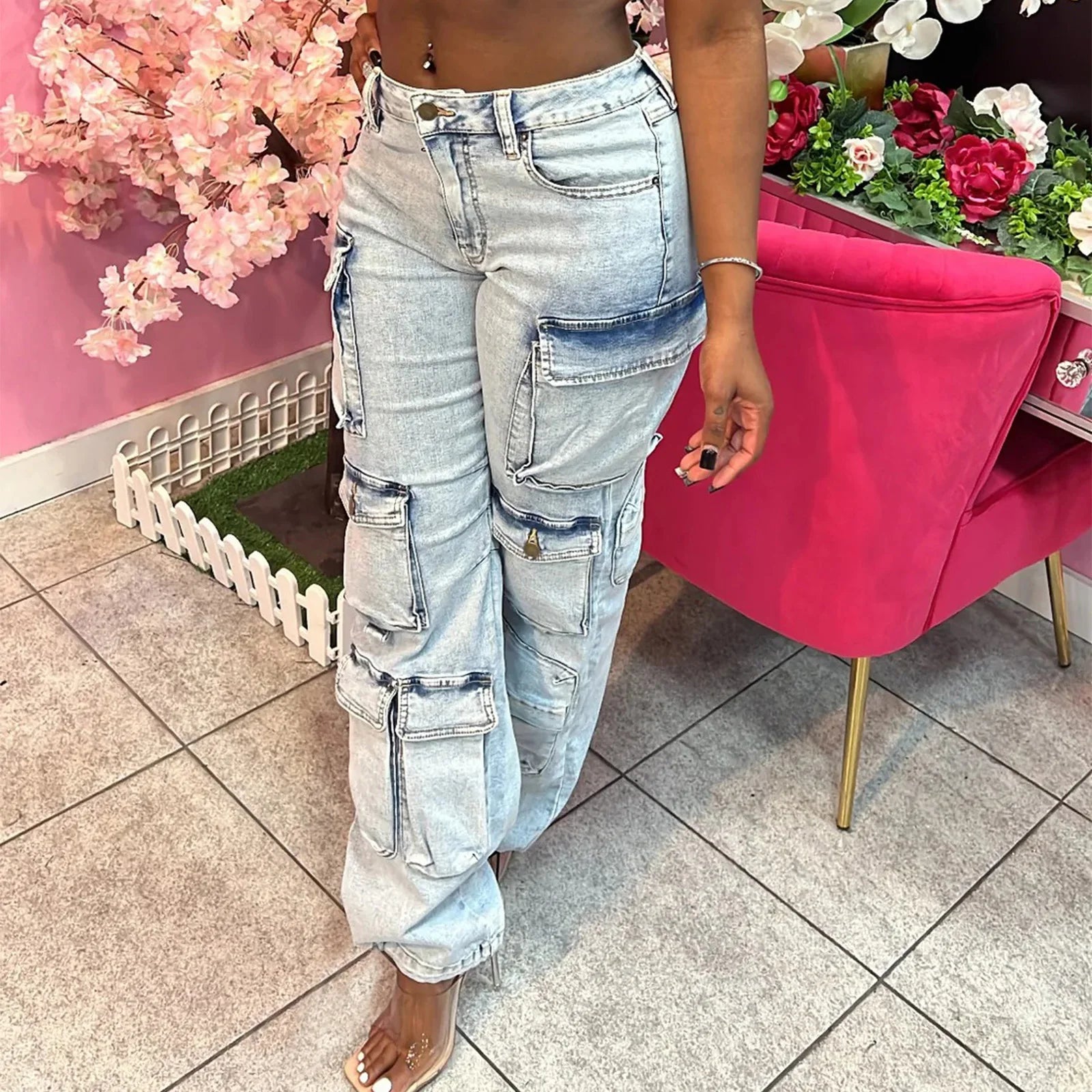 VacationGrabs Vintage Trendy Streetwear Women's Fashion Jeans Flip Up Multi Pocket Jeans Cargo Pants High Waist Washed Hiphop Jeans