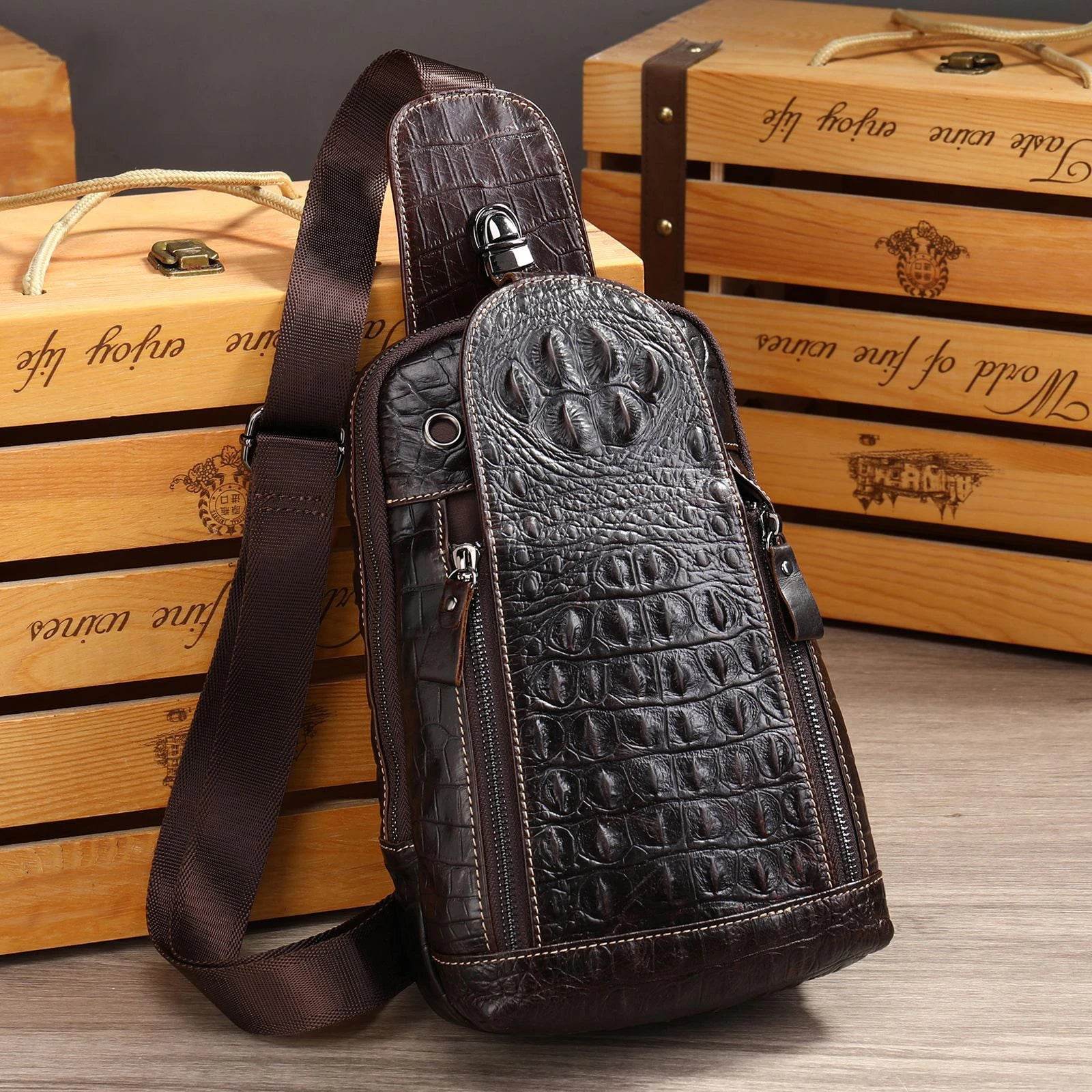 Leather Chest Bag Alligator Pattern Men's Crossbody Shoulder Bag - VacationGrabs