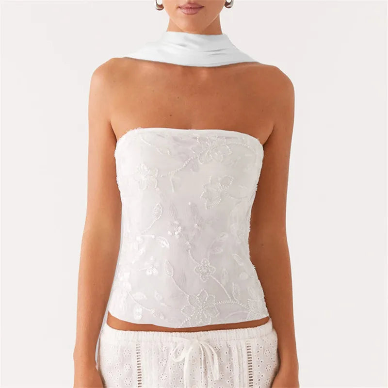 VacationGrabs Women Y2K Sequin Tube Top with Scarf Sexy Backless Pearl Embellished Beaded Cami Bling Glitter Rhinestone Camisole