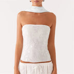 VacationGrabs Women Y2K Sequin Tube Top with Scarf Sexy Backless Pearl Embellished Beaded Cami Bling Glitter Rhinestone Camisole