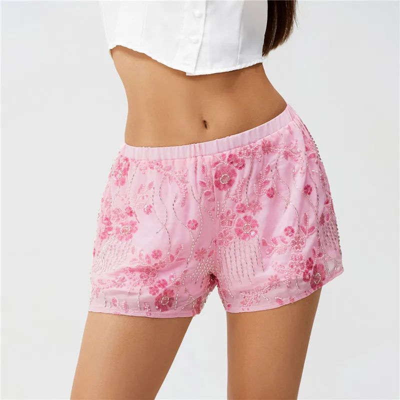VacationGrabs Women Sequin Mini Shorts Y2K Low Rise Sparkle Floral Bead Embellished Bottoms Teen Girls Cute Summer Trendy Shorts