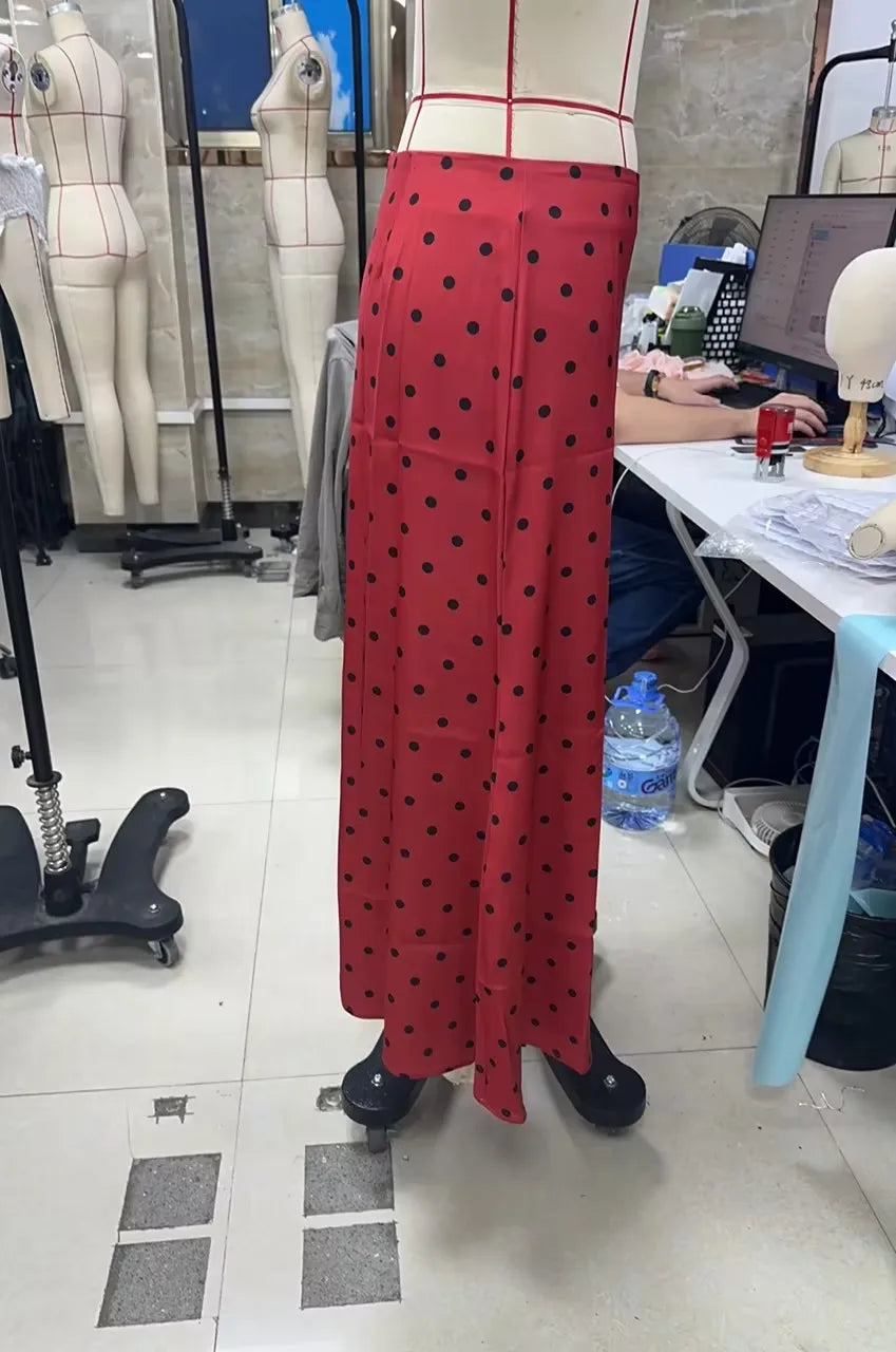 VacationGrabs French Vintage Polka Dot Satin Skirt High Waist Silky Midi Skirt Elegant Retro Print For Women Summer Y2K Streetwear