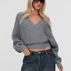 VacationGrabs Women's Wrap V Neck Sweaters Tops Street Long Sleeve Tie-up Back Solid Color Knit Tops Pullovers Winter Fall Knitwear